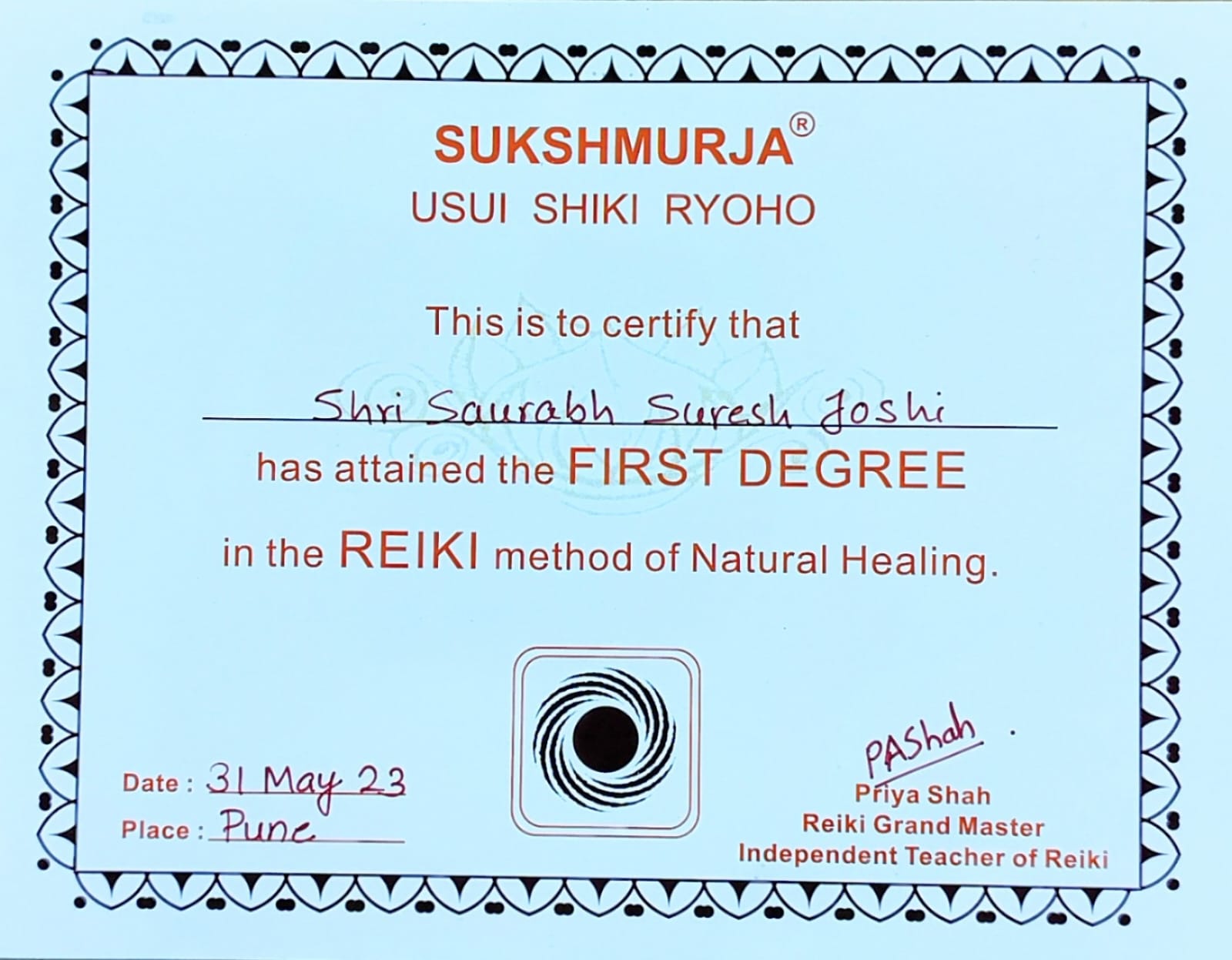 Reiki Level 1 Certificate